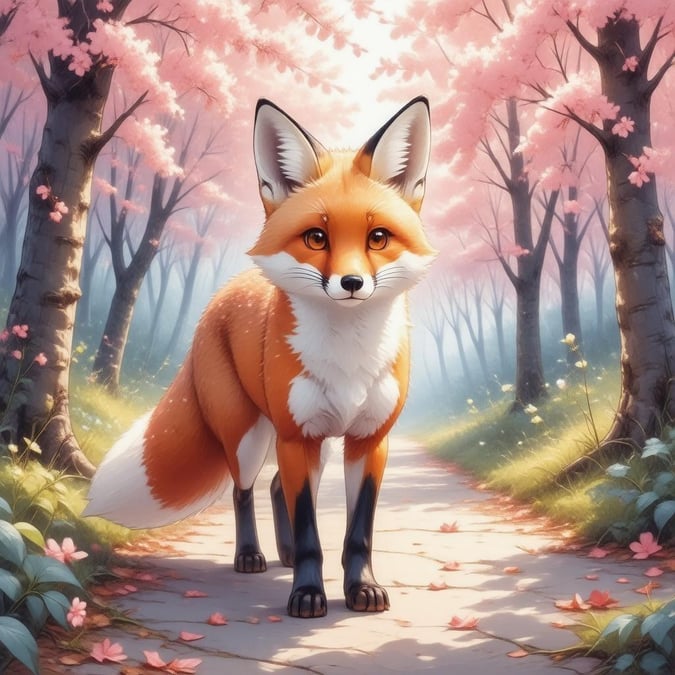 Immerse yourself in the enchanting world of anime with this captivating illustration of a fox amidst a forest of cherry blossom trees. The fox's vibrant orange fur and white spots take center stage, surrounded by the soft pink hues of the blossoms. This image is perfect for fans of anime and nature enthusiasts alike, offering a serene and mystical atmosphere that invites you to step into its magical realm.