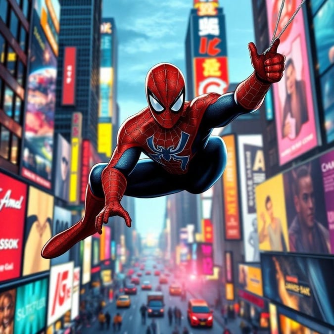 Swing into action with your friendly neighborhood Spider-Man, soaring over the bustling streets of Times Square. Embrace the cityscape under the neon lights, as this wallpaper captures the spirit of a true comic legend.