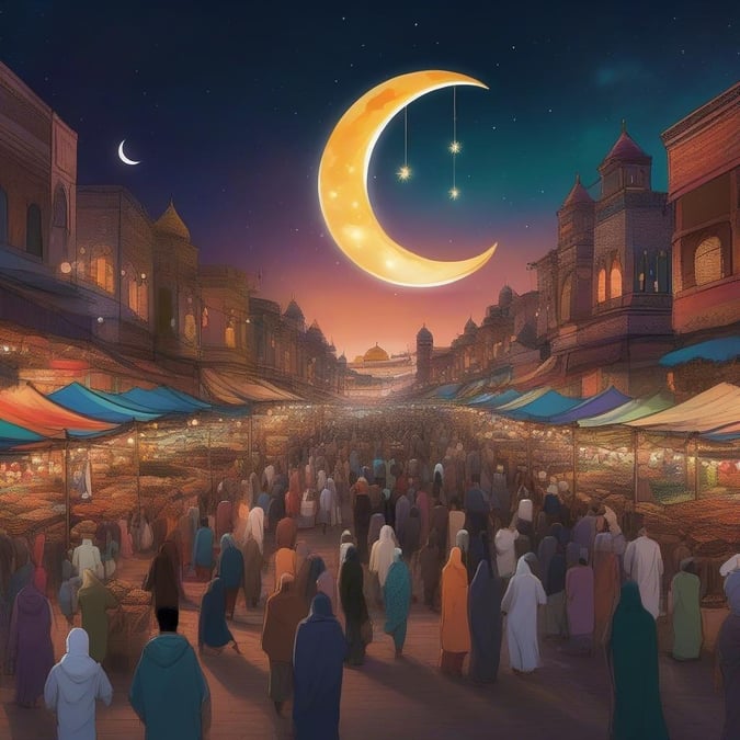 A vibrant market street at dusk, during Ramadan. The night sky above the bustling souk is illuminated by lanterns and stars as people gather for the holy month of fasting.