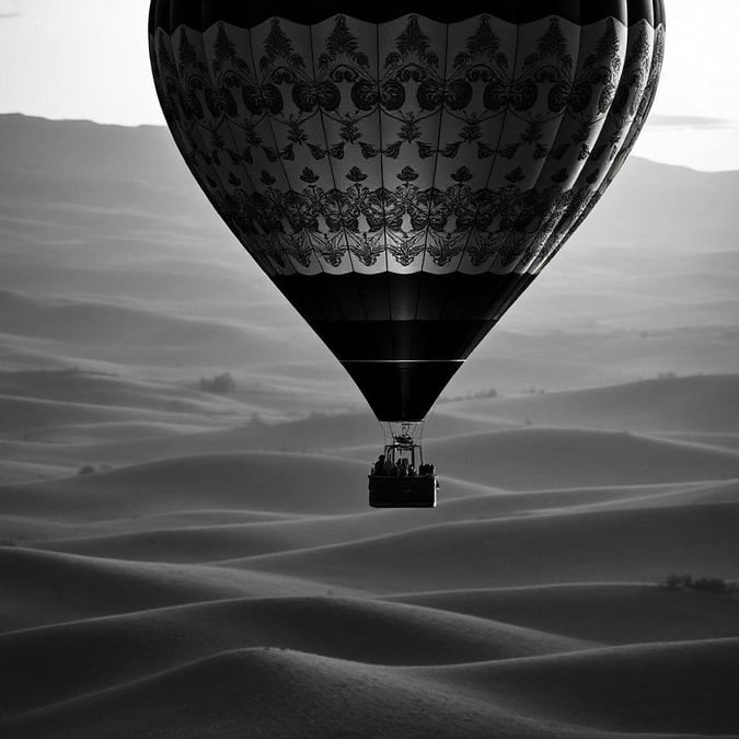 A breathtaking view of a hot air balloon floating above the desert dunes, capturing the essence of adventure and freedom.