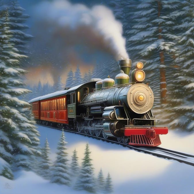 This festive winter scene captures the charm of a holiday train journey. The locomotive, adorned with a sprig of mistletoe, pulls a string of cars filled with presents and joyful passengers dressed in their warmest clothes. A blanket of snow covers the ground as trees stand tall against the bright winter sky. This image is perfect for adding holiday cheer to your desktop or mobile device.