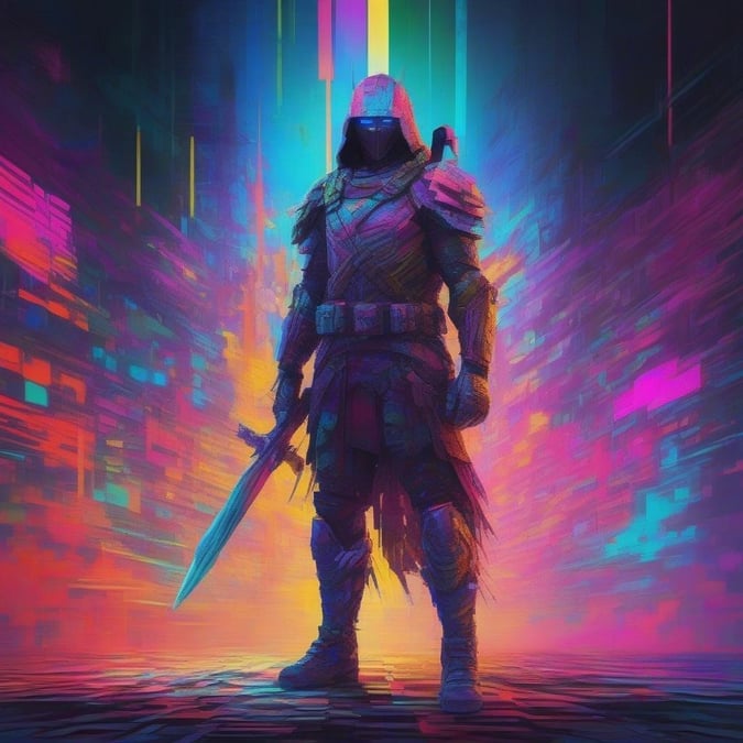 Standing at the edge of the battlefield, this armored warrior embodies both tradition and technology. The digital world behind him seems to be his playground, where epic adventures unfold in a blur of colors and energy. His stance is confident yet cautious, as if he's just finished an intense duel with his opponent.