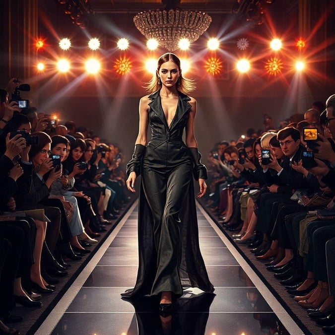 A model strides down the runway, embodying elegance in a chic black ensemble. Fashion's trendsetters are gathered to witness this stylish spectacle.