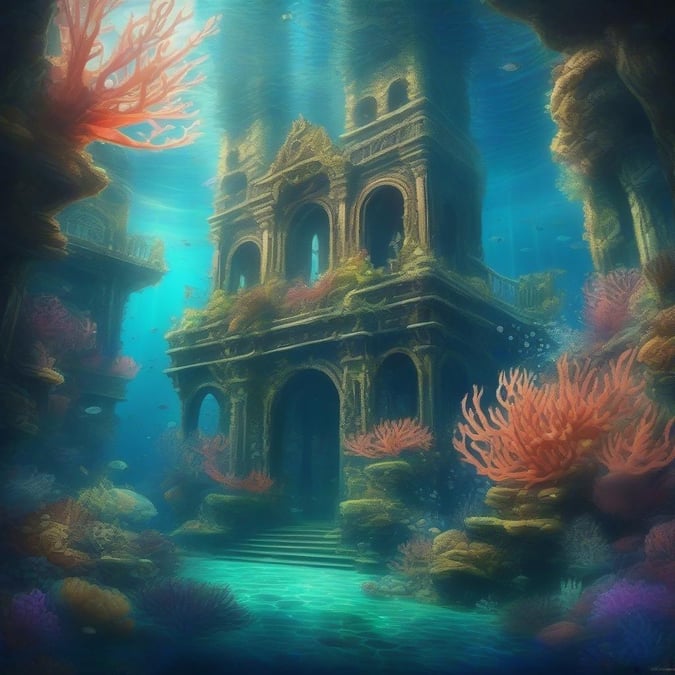 A mystical underwater world featuring an ancient temple submerged in the depths, surrounded by vibrant marine life.