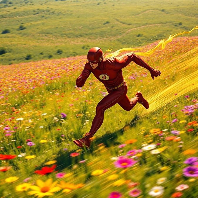 This image captures the dynamic and energetic essence of The Flash, a beloved character from the DC Comics universe. The Flash, also known as Barry Allen, is depicted in mid-action, running through a field of wildflowers with his iconic red suit and lightning-fast speed. The vibrant colors and blurred motion create a sense of movement and energy, drawing the viewer's attention to the character's incredible abilities. The image is a testament to the enduring appeal of The Flash and the excitement of witnessing his superhuman feats.