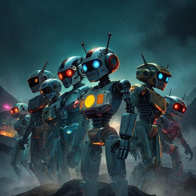 A group of robot friends exploring the wild unknown together.