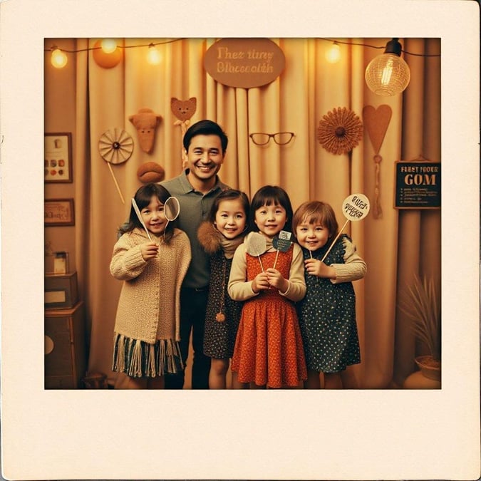 A heartwarming family moment capturing the joy of Father’s Day. A man, possibly a father, stands in front of his children holding hands. They are surrounded by festive decorations such as balloons and bunting, suggesting they might be at a party or a special event for the occasion.