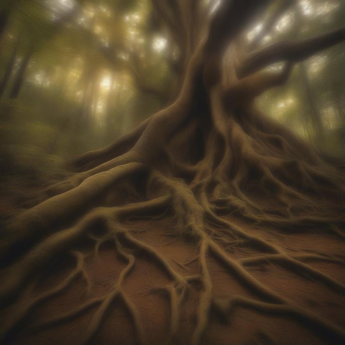 A close-up view of the twisted roots of a large tree, showcasing its complex pattern and resilience.