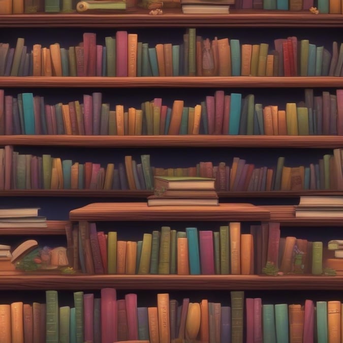 A vibrant and imaginative scene of a bookshelf filled with books of various colors and sizes, set against a dark blue background.