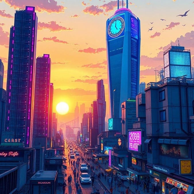 Immerse yourself in the vibrant world of anime with this stunning wallpaper featuring a futuristic cityscape at sunset. The detailed digital illustration showcases tall skyscrapers with neon lights, a massive digital clock tower with a glowing blue and green roof, and a bustling metropolis that exudes motion and energy.