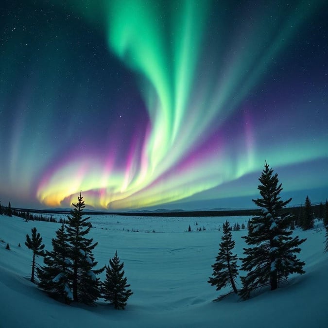 Experience the breathtaking beauty of the Aurora Borealis shining brightly over an enchanting forest. This winter wonderland is a must-see for adventure seekers.