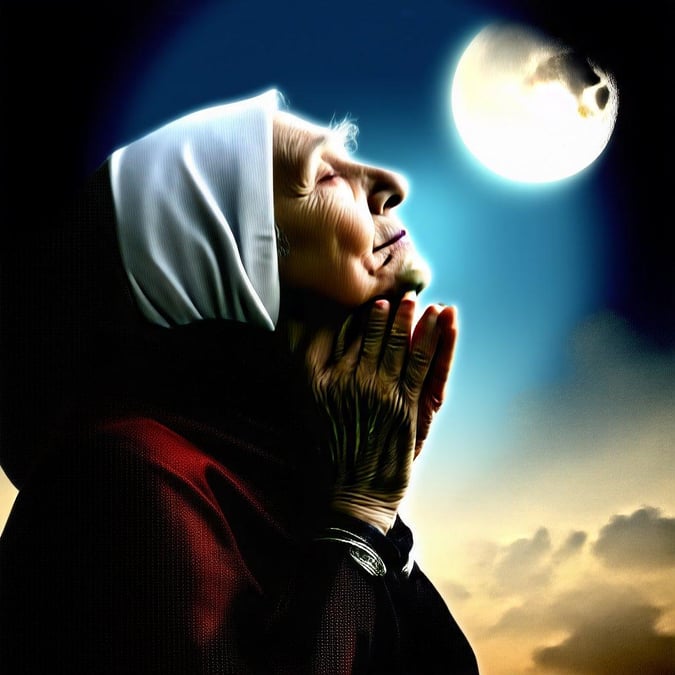 A serene and peaceful image of an elderly woman praying to the moon, perfect for desktop and mobile wallpapers during Ramadan and Eid.