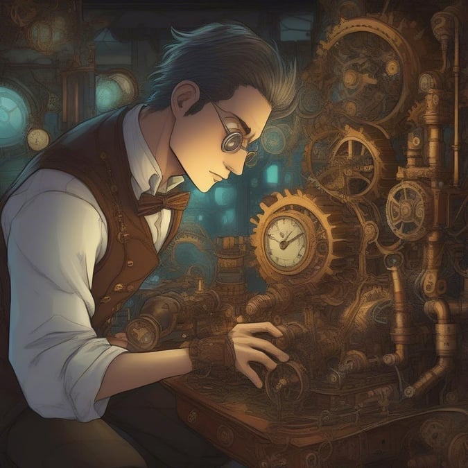 In this captivating steampunk-inspired image, a man is deeply engrossed in his work, surrounded by the intricate machinery that defines his craft. His attire, complete with goggles and a bow tie, adds to the sense of nostalgia and innovation that permeates the scene.