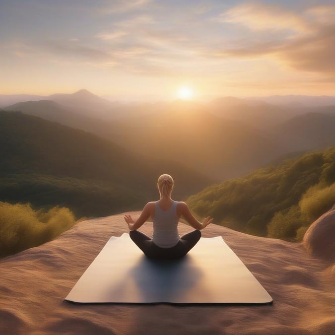 A serene and peaceful image of a woman practicing yoga in the morning, capturing the beauty of nature and the tranquility of the moment.