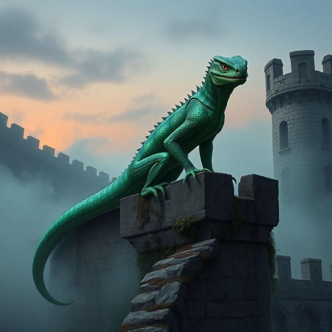 A fantastical creature perches atop a stone wall, gazing back over its shoulder with piercing red eyes. The creature's vibrant green scales and long, curved tail make it a striking figure, set against the backdrop of a misty castle and a deep blue sky.