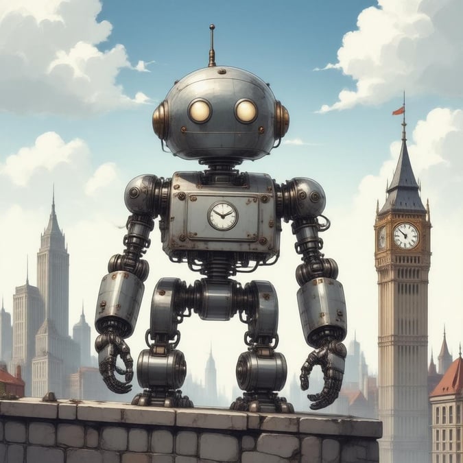 This anime illustration features a steampunk-inspired robot guarding a clock tower, with a sleek metallic body and intricate details, set against a blurred cityscape with tall buildings and a cloudy sky.