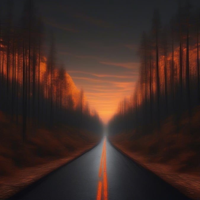 This is a spooky road that seems to lead to an unknown destination, perfect for a Halloween night. The darkness and the winding path give it a mysterious atmosphere.