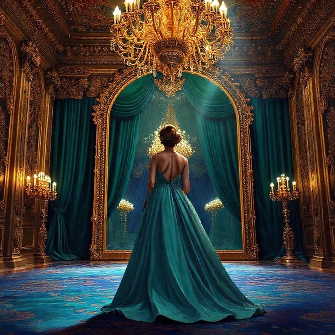 Discover the grandeur of ballroom elegance as a stunning figure, adorned in a luxurious turquoise gown, stands poised in front of a majestic chandelier and ornate golden decorations.