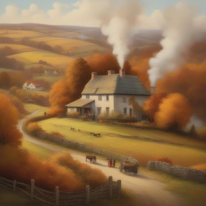 A picturesque autumn countryside scene, featuring a quaint cottage nestled amidst the fall foliage.