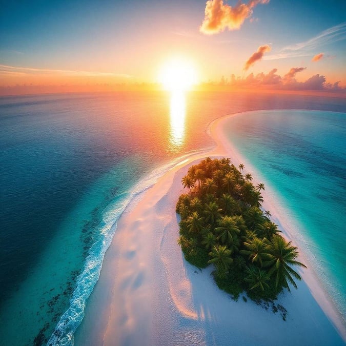 A picturesque sunset viewed from the shore, with the ocean in the foreground and a tropical island in the background.