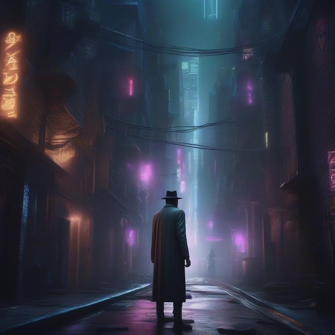 A mysterious figure stands in the neon-lit alleyway, the foggy air adding an air of intrigue. The cyberpunk aesthetic is palpable with its mix of futuristic elements and urban decay.