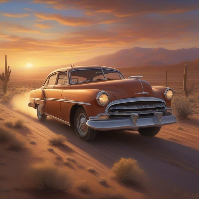 Experience the freedom and spirit of Independence Day with a vintage ride through the desert at sunset. The warm glow of the setting sun paints the landscape as the classic car cruises towards an unseen destination.