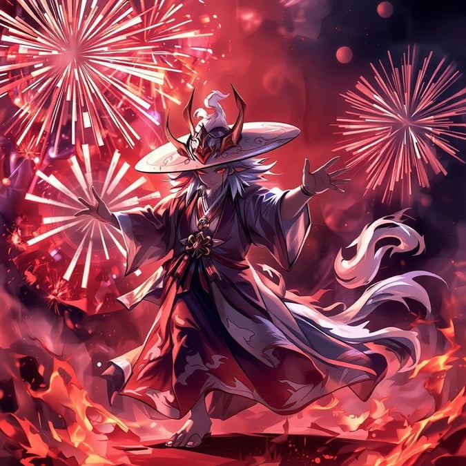 A mystical creature in a grand celebration, donning a traditional outfit with a hat and robes. The energetic dance is set against a backdrop of fiery explosions.