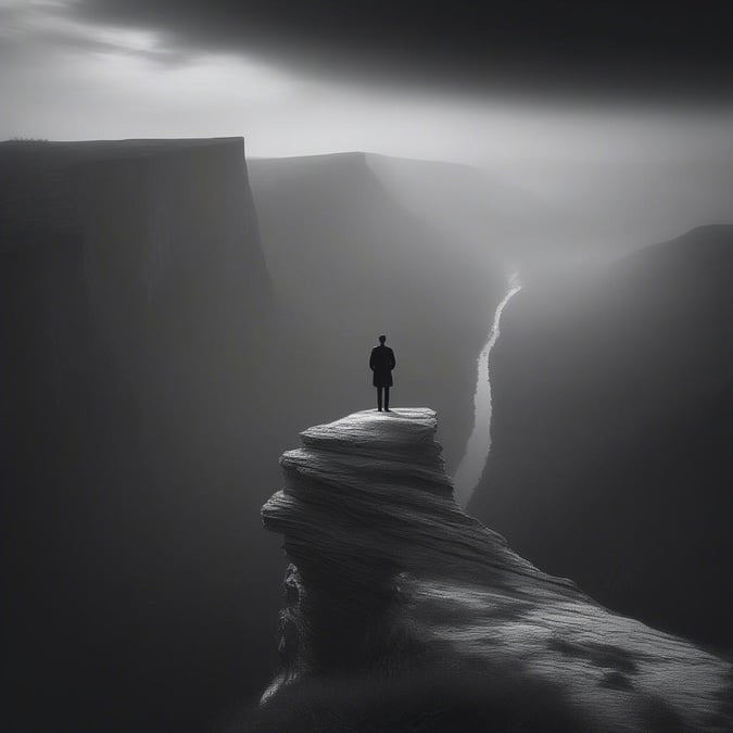 A solitary figure at the edge of an expansive abyss, a moment frozen in time amidst nature's grandeur. The stark contrast of black and white amplifies the depth and vastness of the scene.