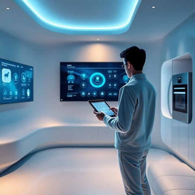 A man in a futuristic control room using a tablet to manage various digital interfaces.