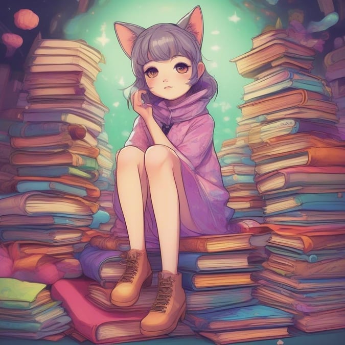 This wallpaper features an anime girl with cat ears, sitting on a pile of books. The girl has a cute and playful expression, and her cat ears add a touch of whimsy to the scene. The books are stacked haphazardly, creating a sense of chaos and disorganization. The overall effect is one of cuteness and playfulness, making this wallpaper perfect for fans of anime and manga.