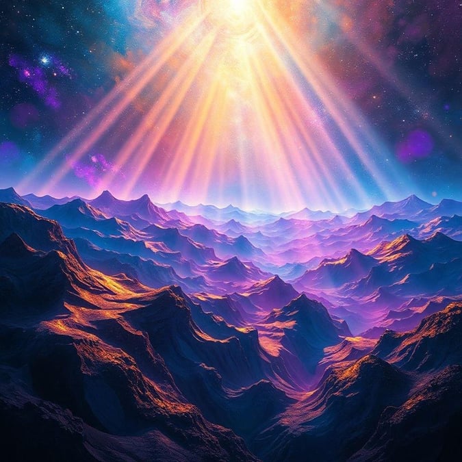 A stunning wallpaper featuring a breathtaking mountain range with a radiant sun shining down on it.