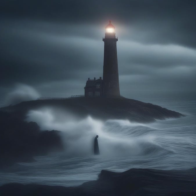 A solitary lighthouse stands guard against the tempestuous ocean waves, a beacon of safety amidst the tumult. The vast expanse of the dark gray sky looms overhead, its clouds heavy and low, threatening to unleash more chaos at any moment. A figure in silhouette is caught in the surge of the waves, adding an element of mystery and intrigue to this stormy scene.