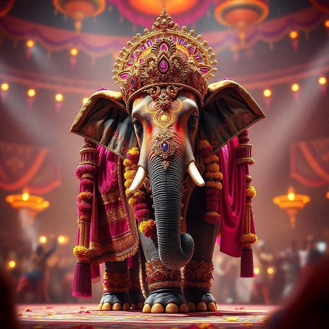 Celebrating the Indian festival of Ganesh Chaturthi with a beautifully decorated elephant, adorned in festive attire and jewelry, seated on a stage surrounded by lights.