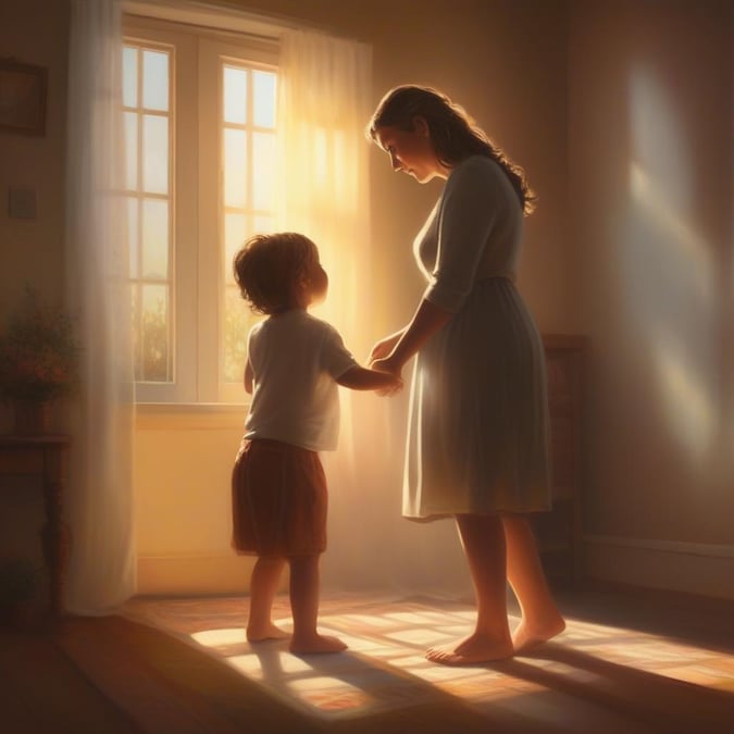 A tender moment between mother and child on a bright day, with the soft glow of sunlight streaming in through the window.