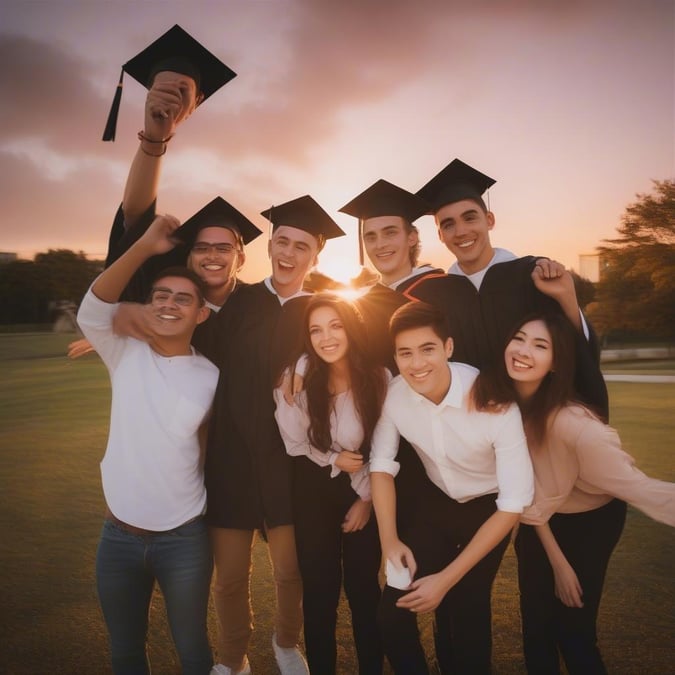 Group of friends celebrating their graduation, sharing smiles on a beautiful day with a stunning sunset.