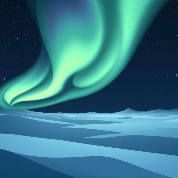 A tranquil night scene under the majestic Northern Lights, where the cool blue-green hues of the aurora sky dance across a serene Arctic landscape.