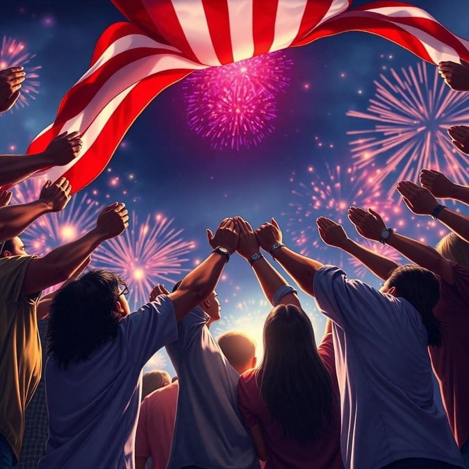 Commemorating the 4th of July, this image captures a festive moment with an American flag being raised high amidst fireworks and cheers.