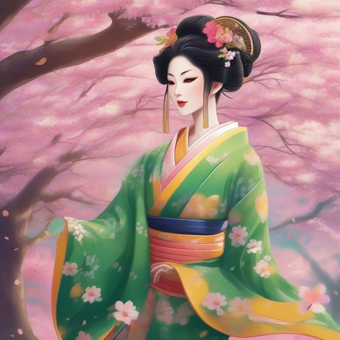 Denna bakgrund visar en anime-geisha som dansar i en livlig grön kimono med en gul hatt, mot bakgrund av ett blommande körsbärsträd. Den fridfulla scenen kännetecknas av harmoniska färger och intrikata detaljer som fångar ett ögonblick av lugn.