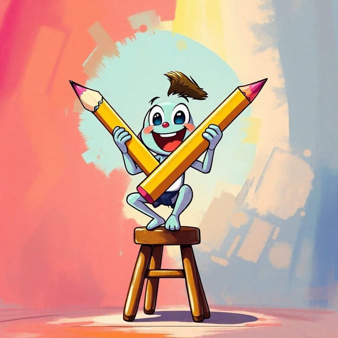 A fun and colorful illustration of a cartoon character celebrating back to school with oversized pencils, perfect for desktop and mobile wallpapers.