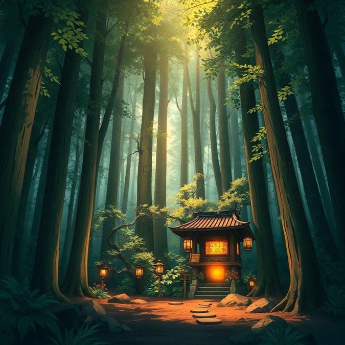 Immerse yourself in the serene beauty of this anime forest scene, where tall, slender trees and a brightly lit lantern create a peaceful and mystical atmosphere.