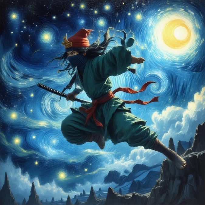 This anime-style ninja illustration is a breathtaking depiction of a ninja leaping from the starry night sky to another starry night. The ninja's vibrant blue and green body and flowing hair are accentuated by a golden crown and a red hat, conveying a sense of motion and dynamism. The deep blue background, adorned with a galaxy of stars and nebulae, creates an enchanting and surreal scene that immerses the viewer in a world of fantasy and adventure.