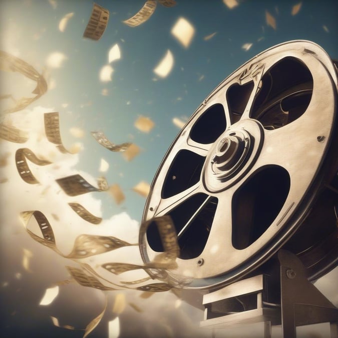 Immerse yourself in the vibrant world of movies with this dynamic wallpaper featuring a movie projector in a whirlwind of film reels and money. Perfect for fans of cinema!