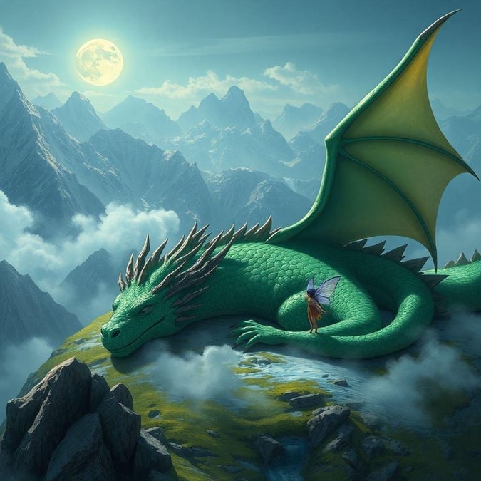 This fantasy wallpaper features a majestic dragon and a delicate fairy set against a breathtaking mountainous landscape with a full moon.