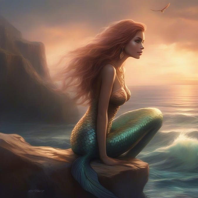 A serene moment by the ocean, featuring a mermaid enjoying the tranquility of the sunset.