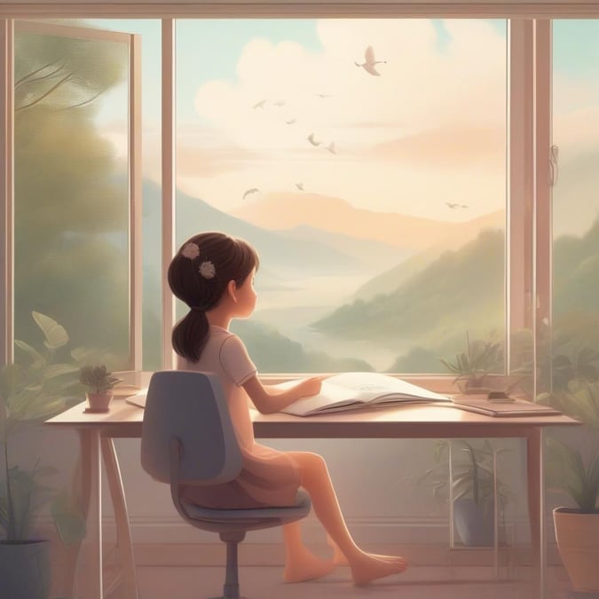 A young girl sits at her desk, engrossed in her studies. The sun shines through the window, illuminating the room and casting a warm glow over the scene. The mountains in the distance add a touch of serenity to this everyday moment.