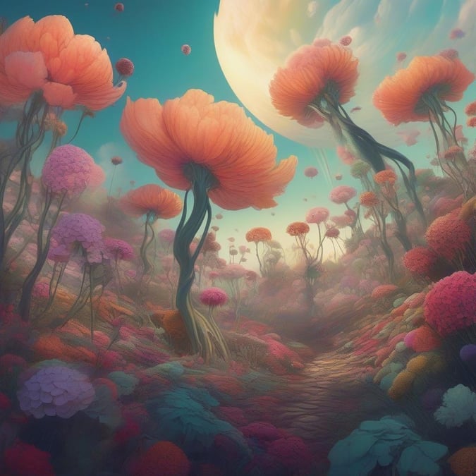 This wallpaper features a fantastical flower garden with giant flowers and a surreal atmosphere.