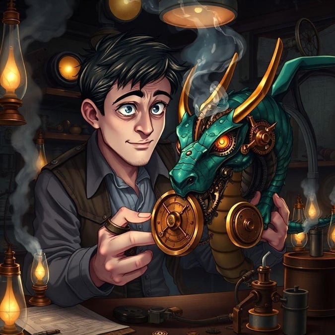 A steampunk inventor is immersed in his work, creating a unique piece that merges technology with fantasy. The image captures the intricate details of the mechanical dragon and the inventor's passion for creation.