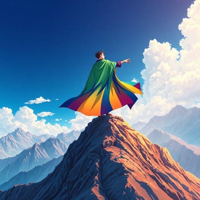 Eine atemberaubende Anime-Illustration einer Person, die auf einem Berg steht, einen lebhaften, regenbogenfarbenen Umhang trägt und nach rechts zeigt.