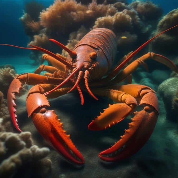 Explore the depths of the ocean in this stunning wallpaper featuring a vibrant red lobster amidst a backdrop of lush underwater life.