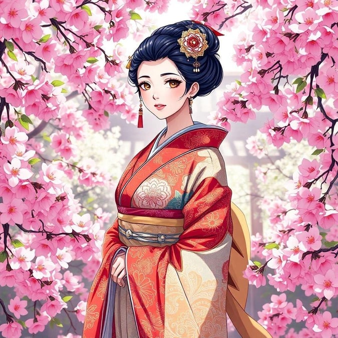 Step into a serene and enchanting world with this anime illustration of a geisha amidst a lush garden of cherry blossoms.